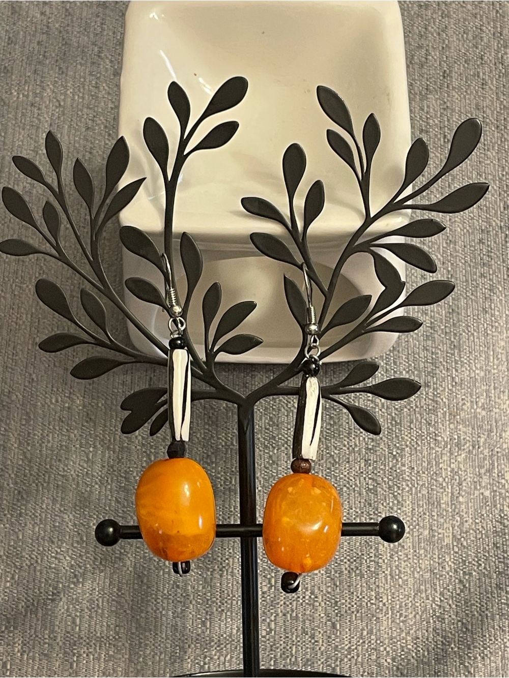 Handmade Dangle Drop Earrings With Simulated Amber Beads With Striped Bone